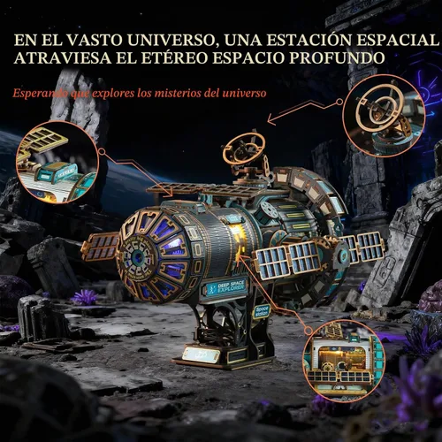 Vista 6 de Rompecabezas de madera 3D para adultos, kit de modelo mecánico de estación espacial con luces y música, 511 piezas de rompecabezas de madera