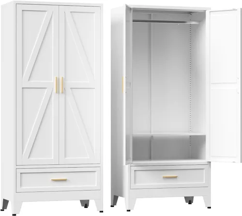 Vista 9 de COFaR Armario Armario con cajones y barra para colgar, armario de metal de 71 pulgadas con puertas y estante ajustable, armario de granja para Blanco