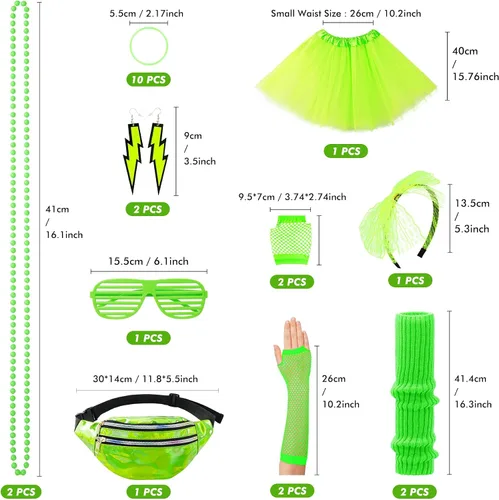 Vista 2 de Disfraces de los años 80 para mujer, camisa de los años 80, tutú, riñonera, diadema, aretes, collar, guantes de red, calentadores de piernas