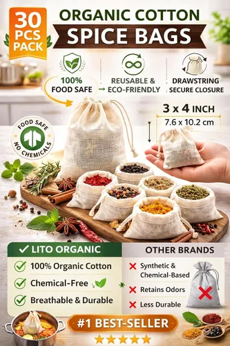 Vista 7 de Bolsas de especias de algodón orgánico con cordón – 30 bolsas de té reutilizables de 3 x 4, bolsas de muselina para cocinar, bolsa de sopa, hierbas
