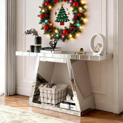 Vista 24 de SSLine Mesa de consola negra con espejo para sala de estar, mesa de entrada moderna de espejo de 43 pulgadas con base de cristal en forma de O