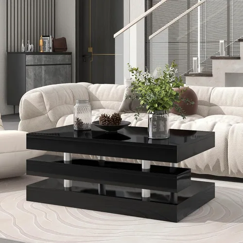 Vista 21 de Mesa de centro moderna con vidrio templado, mesa de cóctel de madera con superficie UV de alto brillo, mesa central rectangular modernista de 2 Negro