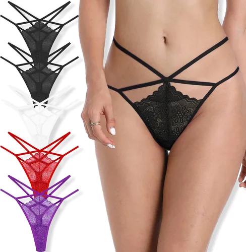 Vista 11 de T Back Sexy Low Rise Elástico Invisible Patrones Encaje Algodón Mujeres Tangas Pack Tangas de cinturón de 10