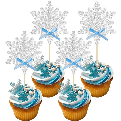 Vista 11 de Gyufise 24 adornos de copos de nieve Oh Baby para cupcakes con purpurina azul, decoración de pastel de baby shower congelado para baby shower