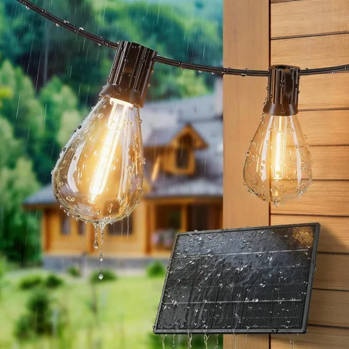 Vista 2 de Tira de luces solares para exteriores de 100 pies con 36+2 bombillas Edison inastillables e impermeables, luces de patio de grado comercial de 2200