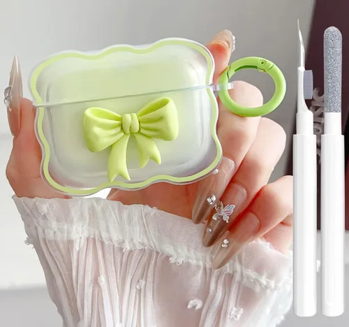 Vista 26 de Bonita funda transparente para AirPods Pro 2/1 Gen, diseño de lazo 3D femenino, funda protectora y a prueba de golpes de TPU suave Kawaii para Apple