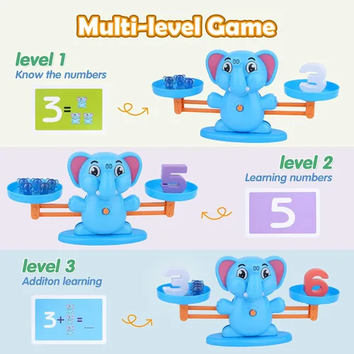 Vista 3 de Juguete de equilibrio de elefante, juego educativo de equilibrio de números matemáticos, juguete de aprendizaje de números con elefantes pequeños