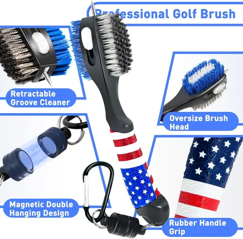 Vista 5 de Cepillo de palo de golf y toallas de golf con bandera americana, kit de limpieza de ranuras de golf, herramienta de limpieza de accesorios de golf