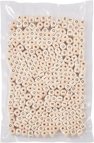 Vista 6 de KISSITTY 250 cuentas de madera con letras vocales de 0.472 pulgadas, cubo A E I O U inicial del alfabeto con agujero grande, cuentas espaciadoras