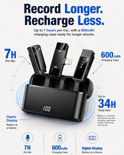 Vista 6 de Micrófono inalámbrico para iPhone/Android tipo C J68YL0813J 2 Clip-On Mics with Noise Reduction, 34h Using Time with Charging Case, 48kHz Audio