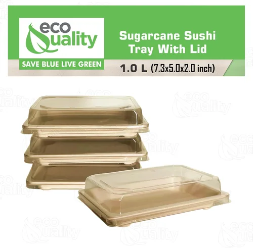 Vista 4 de Bandejas grandes compostables para sushi con tapas, contenedor de sushi natural de caña de azúcar, biodegradable, plato de sushi desechable