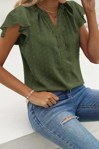 Vista 2 de Zeagoo Blusas fluidas con cuello en V para mujer, manga corta, con volantes, lunares suizos, camisas casuales con botones, tallas S-XXL