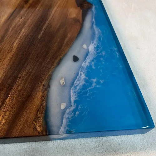 Vista 5 de Mesa de epoxi transparente, mesa de sofá con forma cuadrada, mesa auxiliar de resina de madera, mesa de centro de madera con borde natural para sala