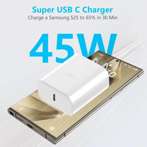 Vista 9 de Cargador súper rápido de 45 W para Samsung, cargador de teléfono Android, paquete de 2 Cable USB C a C de 10 pies, bloque de carga de 45 vatios