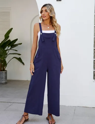 Vista 4 de Kissonic Overol holgado con pechera para mujer, estilo casual, holgado, pierna ancha, con bolsillos Azul marino