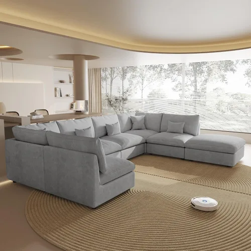 Vista 3 de Sofá seccional modular extragrande, fundas de cojín de sofá en forma de L de 154 pulgadas, fundas de sofá seccional de lino extraprofundas y Gris
