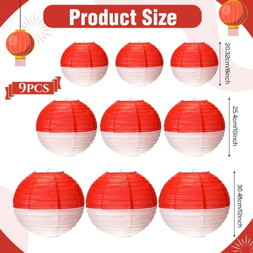 Vista 2 de Honoson 9 linternas de papel decorativas colgantes redondas de 8 pulgadas, 10 pulgadas, 12 pulgadas, lámparas de bola rojas y blancas para fiesta
