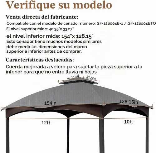 Vista 2 de SCOCANOPY Parte superior de repuesto para el cenador Lowe's modelo #GF-12S004B-1 / GF-12S004BTO (gris Ripstop)