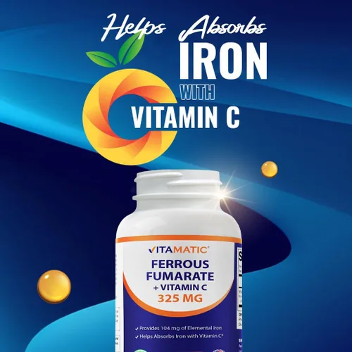 Vista 7 de Vitamatic Fumarato ferroso 325 mg + vitamina C 100 mg (104 mg de hierro elemental) – Suplemento de hierro de alta potencia – Suave para el estómago