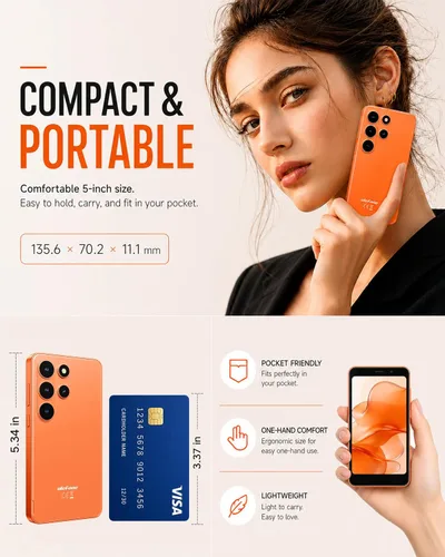 Vista 2 de Ulefone Nota 22 teléfono inteligente desbloqueado, 5" compacto Android 16 Naranja (Cosmic Orange)