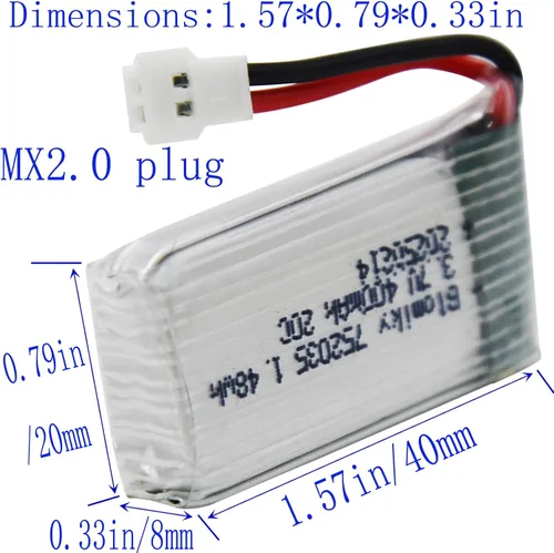 Vista 2 de Blomiky Paquete de 5 3.7 V 400 mAh 25C Li-Po MX2.0 Enchufe Batería Adecuado para Algunos Pequeños RC Quadcopter Drone Aviones /3.7V 400mAh MX 5