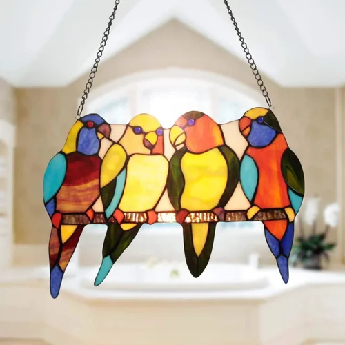 Vista 3 de Bieye W10001 Tropical Birds Tiffany - Panel de ventana con cadena, 14.5 pulgadas de ancho (4 loros)