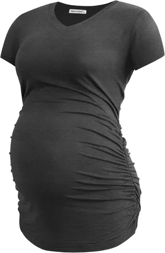 Vista 6 de Smallshow Ropa de maternidad con cuello en V para mujer, camiseta de embarazo fruncida lateral