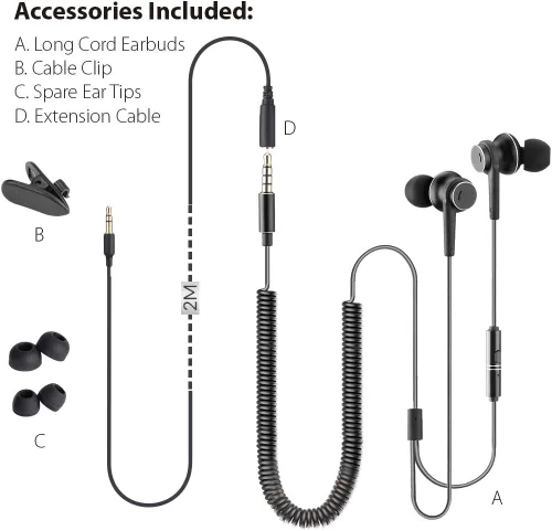 Vista 6 de Avantree HF027 - Auriculares de cable largo para TV y PC, cable de extensión de 18 pies con micrófono y cable de bobina de resorte extralargo