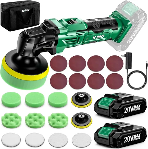 Vista 11 de KIMO Kit de Pulidora Inalámbrica para Coche 20V, Kit de Pulido de 25 Piezas, 6 Velocidades hasta 6000RPM / 2*Baterías de 2000mAh Pulidoras