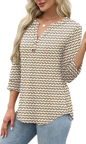 Vista 4 de OFEEFAN - Camisetas de manga 3/4 estilo Henley para mujer, blusas de moda de otoño 2025, atuendos escolares para maestras Raya