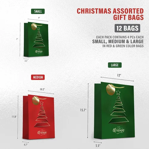 Vista 4 de easykart labels 12 bolsas de regalo de Navidad, rojo y verde metálico y acabado de textura con árbol de Navidad dorado y brillante, varios tamaños