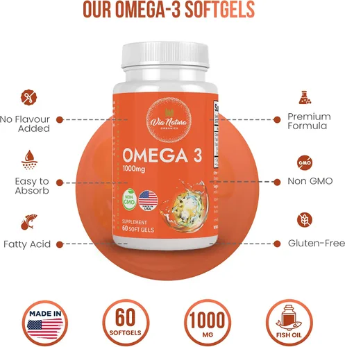 Vista 3 de Omega 3 1000mg Aceite de pescado Ácidos grasos EPA y DHA Sin OMG 60 cápsulas blandas