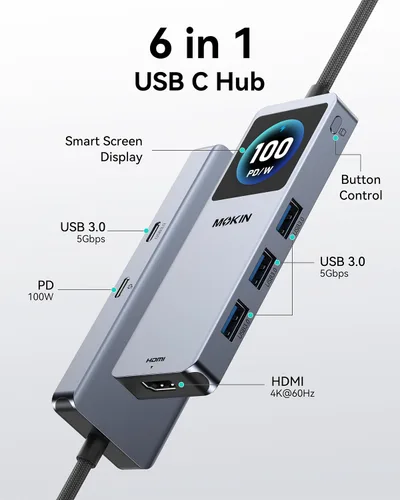 Vista 3 de MOKiN Hub USB C para adaptador MacBook con pantalla LCD inteligente