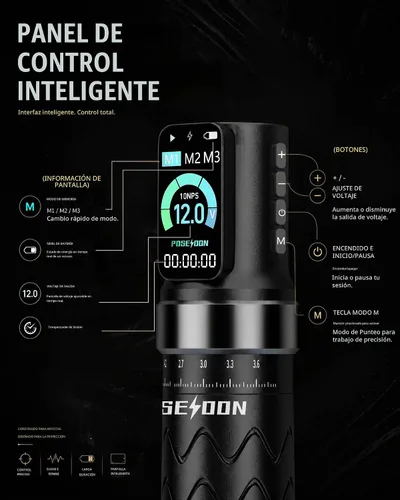 Vista 2 de Kit de pistola de tatuaje inalámbrica POSEIDON 2 baterías 7 tiempos Negro