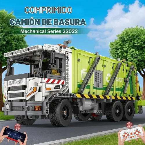 Vista 2 de Reobrix Juego de bloques de construcción de camión de basura grande para adultos, camión de basura comprimido con control RC y características