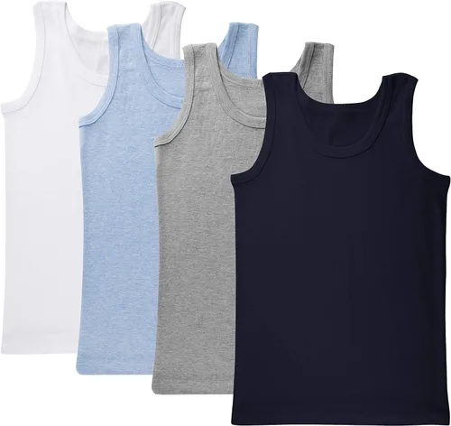 Vista 6 de Brix Camiseta sin mangas para niños, sin etiquetas, 100% algodón, súper suave, paquete de 4 novedades. 2 x negro y 2 blanco
