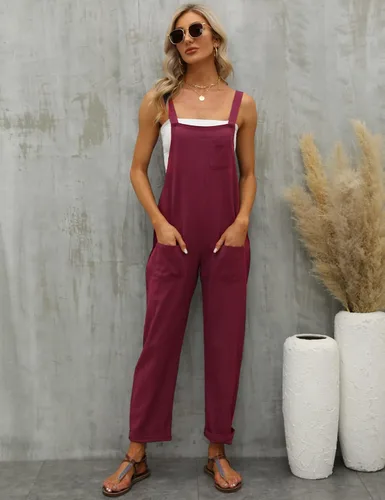 Vista 5 de Gihuo Mono casual de lino de algodón holgado para mujer