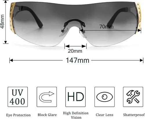 Vista 4 de NLORNLAW - Gafas de sol Y2K envolventes para mujeres y hombres, gafas de sol con parte superior plana, gafas de sol futuristas sin marco con lentes