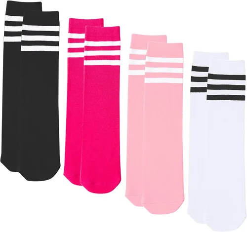 Vista 4 de UTTPLL 4 pares de calcetines de fútbol para niños y niñas, calcetines deportivos de béisbol, uniforme a rayas, hasta la rodilla, calcetines largos