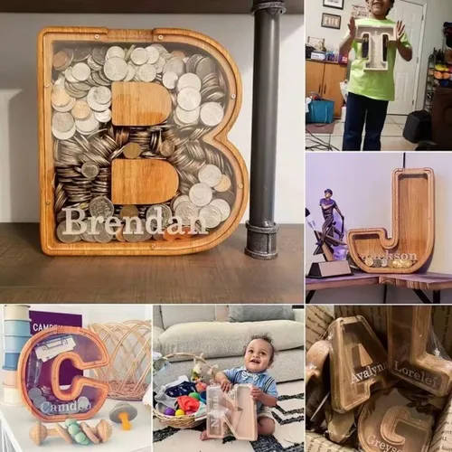 Vista 6 de Alcancía para niños y niñas, hucha grande de 26 letras del alfabeto inglés, de madera personalizada, caja de ahorro de dinero personalizada, nombre