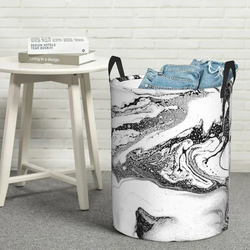 Vista 8 de Cesta de lavandería impresa de mármol blanco y negro con asa duradera, cesta organizadora circular impermeable para cuarto de baño dormitorio