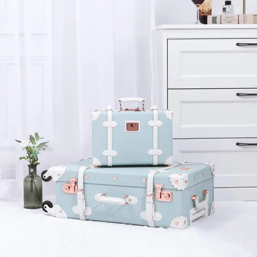 Vista 2 de Unitravel Juego de equipaje vintage de 2 piezas aprobado por la TSA para mujer bonita maleta con bolso repujado azul Estilo vintage
