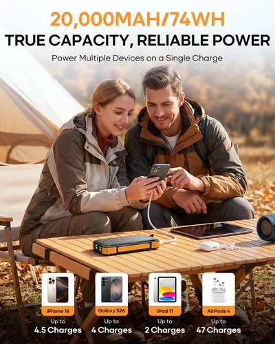 Vista 2 de BigBlue Banco de energía solar de 20,000 mAh con 4 cables incorporados, 20