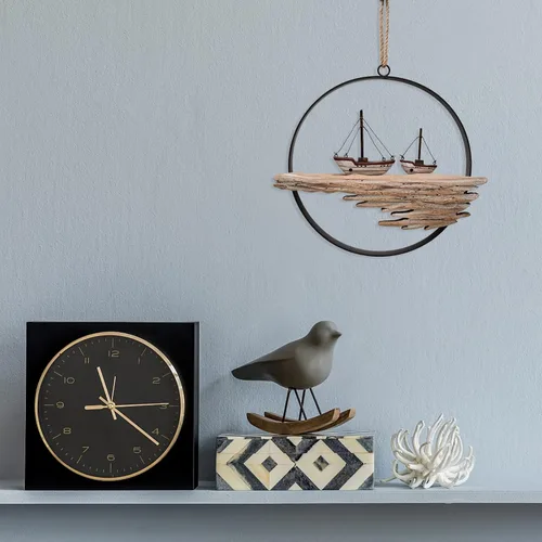 Vista 4 de Decoración de pared de madera náutica, círculo colgante de madera rústica Velero