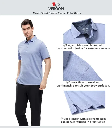 Vista 4 de VEBOON Men's Polo Shirts Long and Short Sleeve Cotton Blend Heather Moisture Wicking Casual Collared Shirts