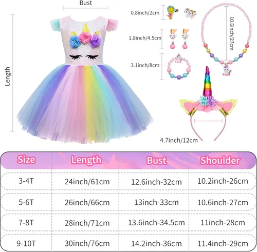 Vista 7 de GC Disfraz de unicornio para niñas vestido de tutú de arco iris con diadema atuendo de princesa para fiesta de cumpleaños Arcoiris Rainbow