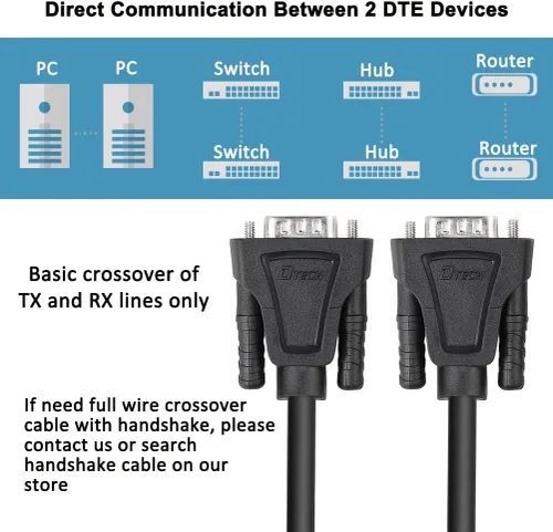 Vista 5 de DTech DB9 RS232 - Cable serie macho a hembra, cable de módem nulo, línea cruzada TX RX para comunicación de datos (10 pies, negro)