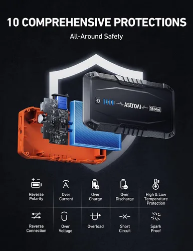 Vista 6 de AstroAI S8 Mini Arrancador de Batería de Coche Portátil, Arrancador de Coche Portátil de 12V para Motores de Gasolina de hasta 6.0L/Diésel de 3.0L