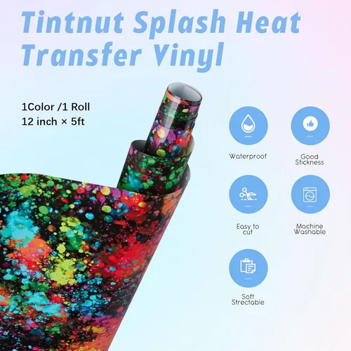 Vista 2 de Tintnut Splash Rollo de vinilo de transferencia de calor, 12 pulgadas x 5 pies, tinta de acuarela multicolor con estampado de tinta HTV