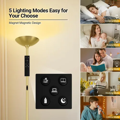 Vista 5 de Lámpara de pie regulable, dorado, 30W 3000LM LED Torchiere Control remoto y táctil, poste alto de 71 pulgadas, cielo moderno, sala de estar